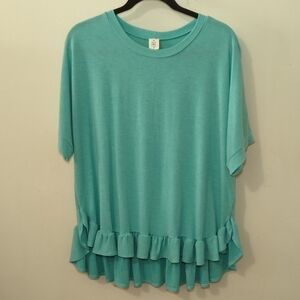 Like Love Ruffle Hem Top Aqua Short Sleeve Oversized Boxy Women's Size Small